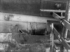 HMS HAWKE collision damage-boss plating showing holes open..jpg
