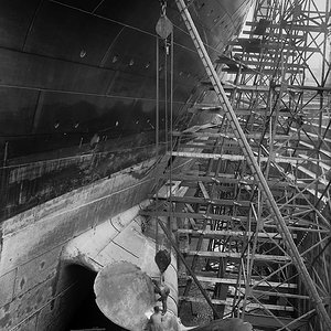 HMS HAWKE collision damage-starboard propeller and holes, looking ...