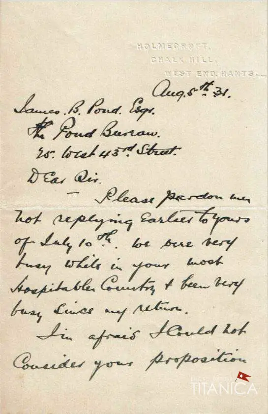 Rostron letter 1931