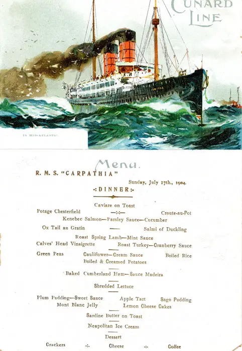 RMS Carpathia Menu