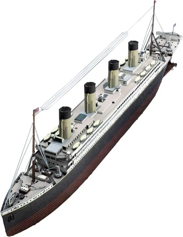 RMS Titanic: Detailed replica of historic early 20th-century ocean liner model with intricate features.