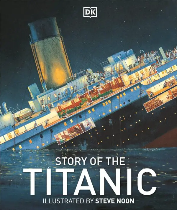 The Titanic Sinking: Dramatic illustration of the RMS Titanic sinking at night.