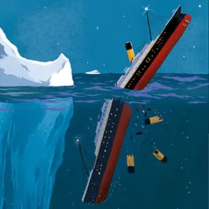 sinking Titanic break half ice berg